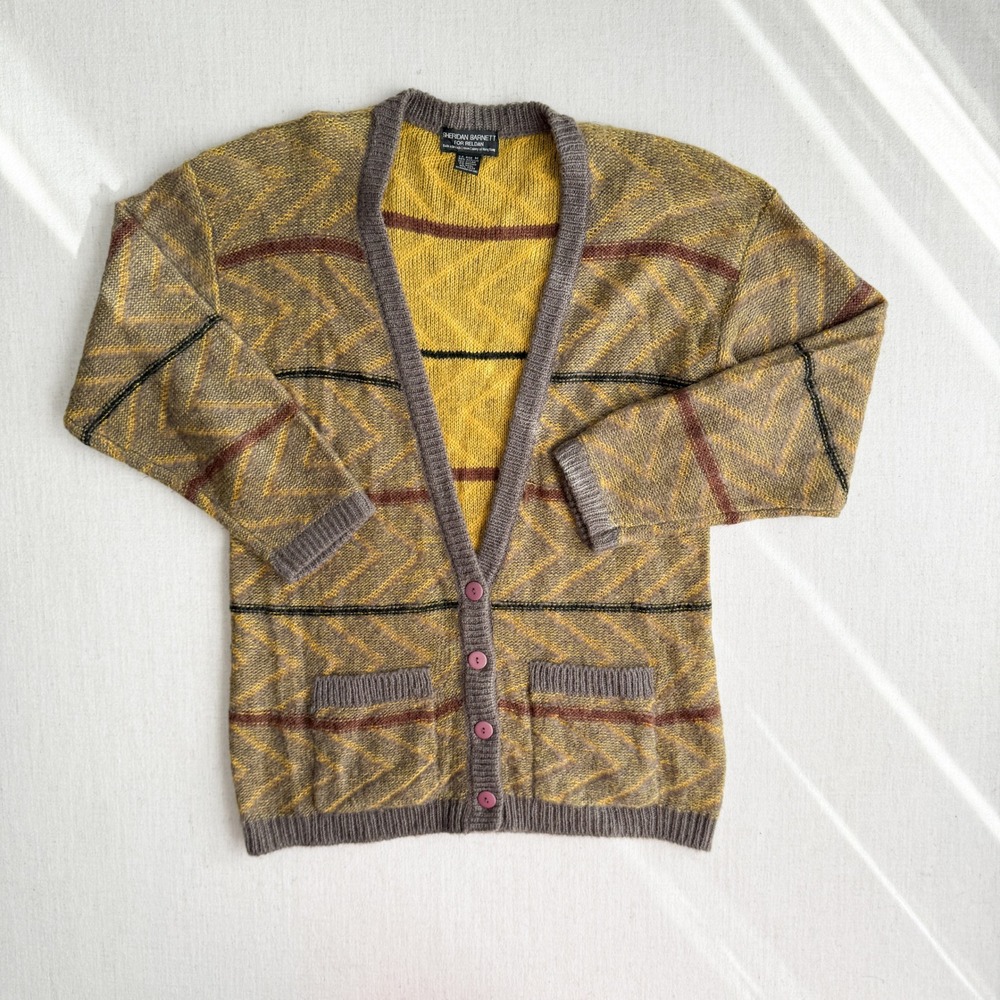 vtg Sheridan Barnett‎ 70s mustard yellow mohair cardigan sweater